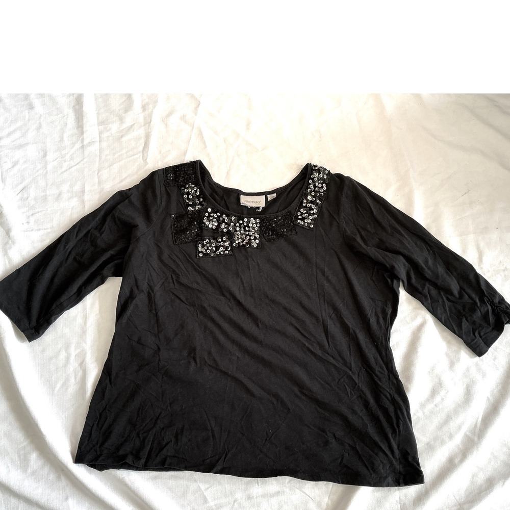 Avenue Sequin Neckline Top Womens 22/24 Black Good 3/4‎ Sleeve Cotton Plus Size